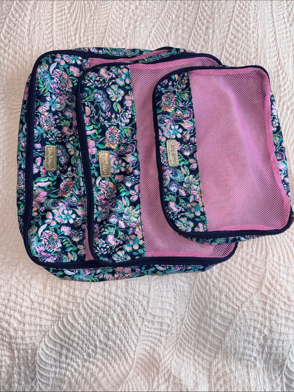 Lilly Pulitzer Navy Floral Travel Packing Cubes with Pink Mesh